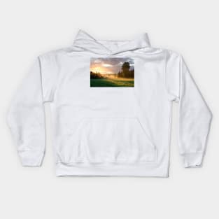 Foggy grassland and trees at sunrise Kids Hoodie